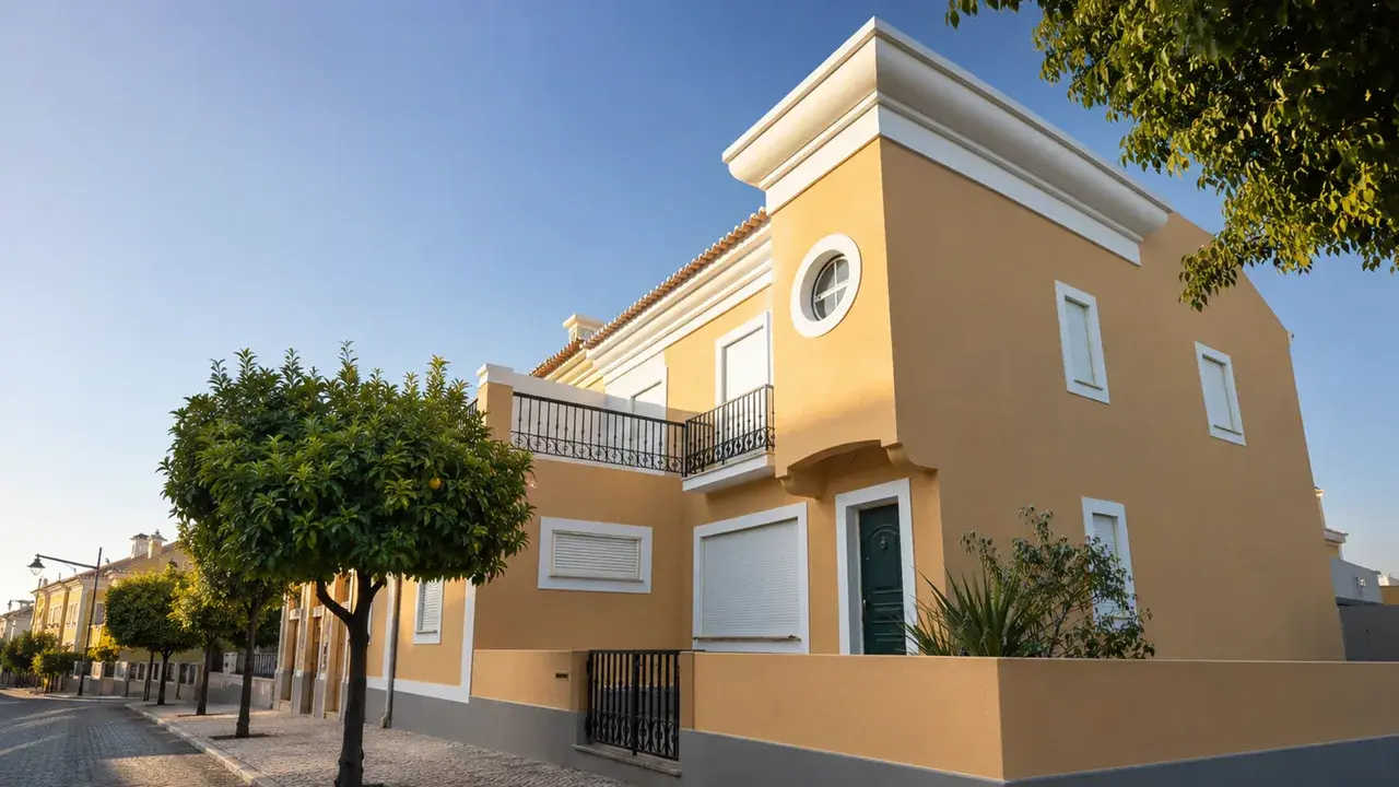 Fachada de moradia com acabamento em ocre e molduras claras, sob luz mediterrânica.